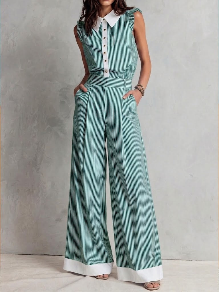 Stylish Casual Two-piece Set: Sleeveless Cotton Top With White Stripe Paneling And Matching Trousers