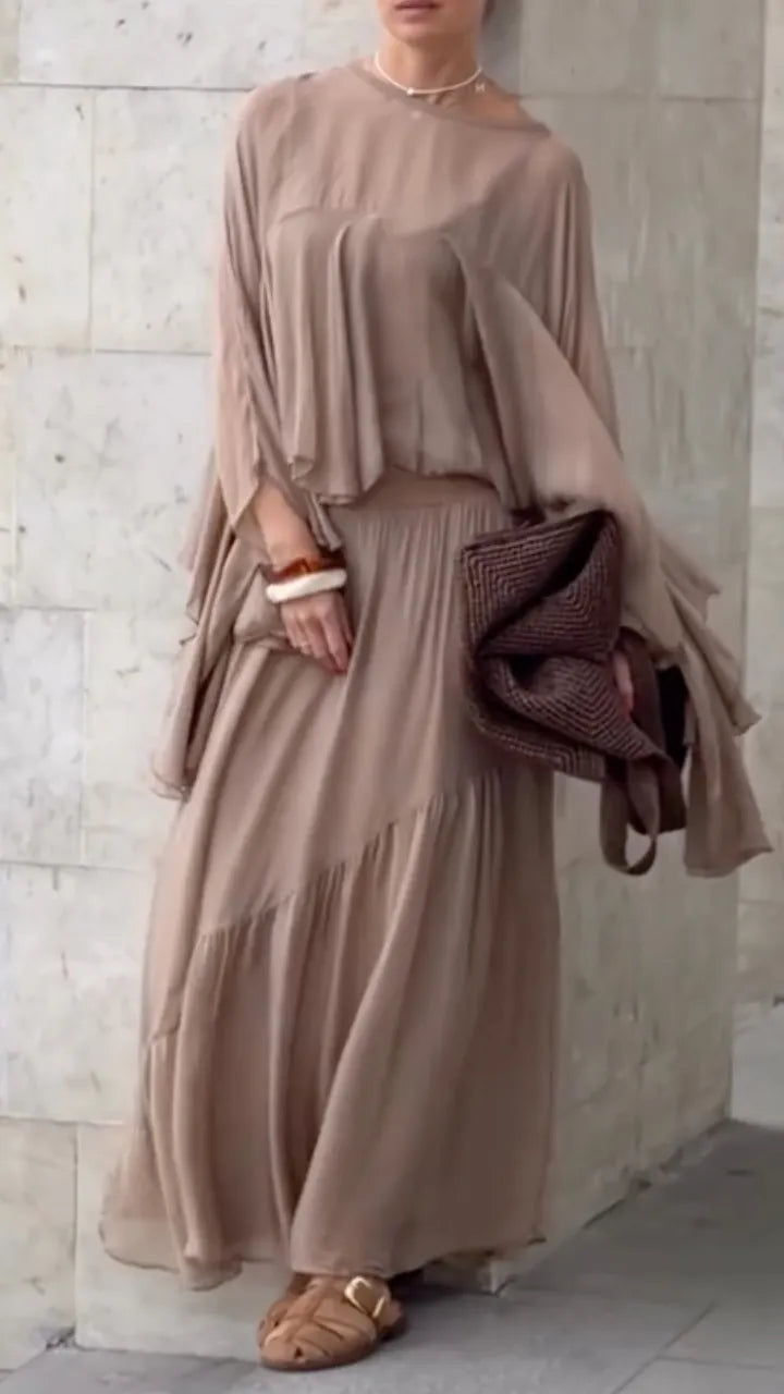 Sheer Ruffle Top & Pleated Maxi Skirt Co‐Ord Set