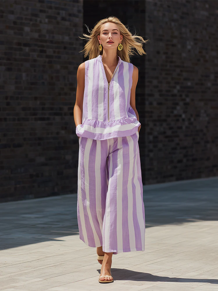 Elegant & Cozy Zipper Striped Cotton-linen Two-piece Set