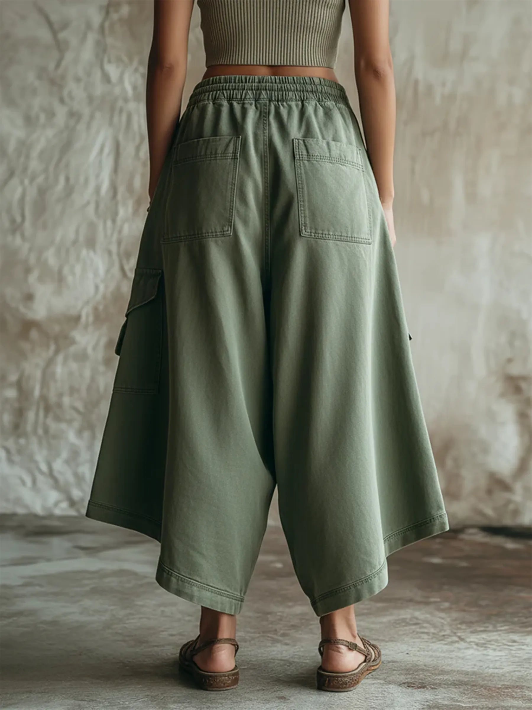 Olive Green Washed Denim Utility Wide-Leg Culottes