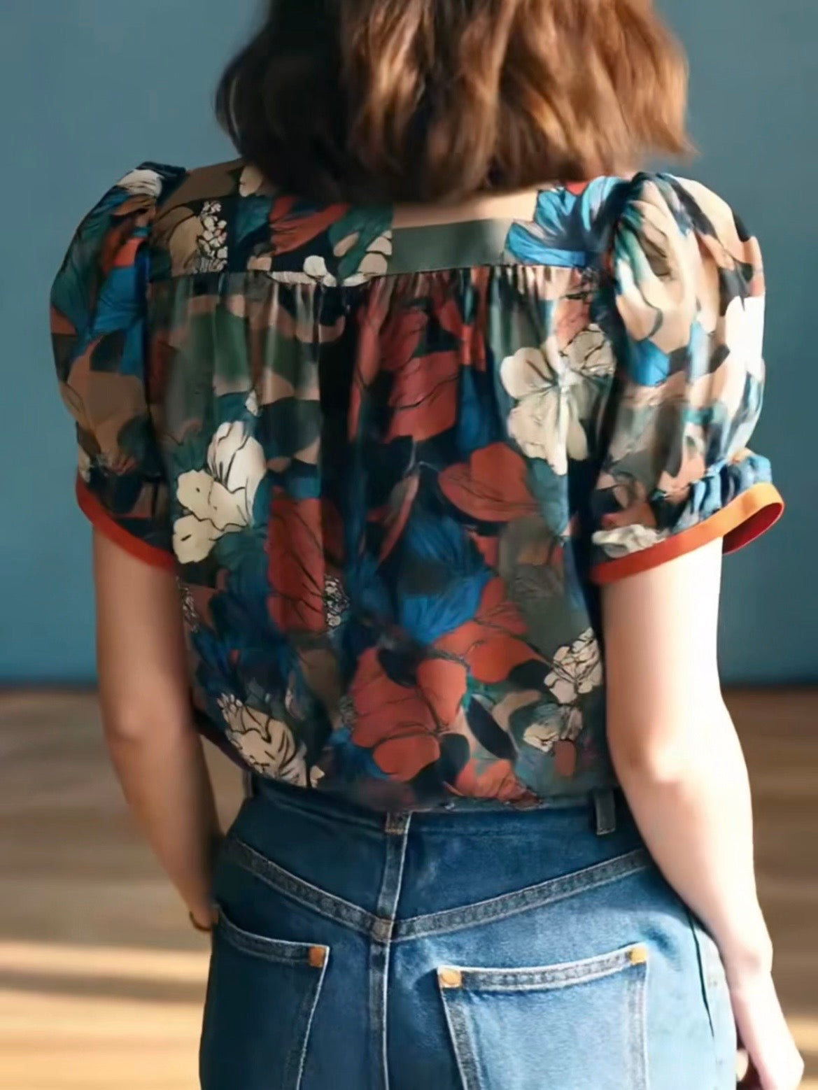 Vintage Color-trim Floral Print V-neck Chiffon Short Sleeve Blouse