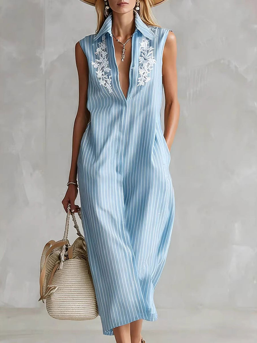 Women's Striped Lapel Sleeveless Loose-fit Casual Shirt Dress