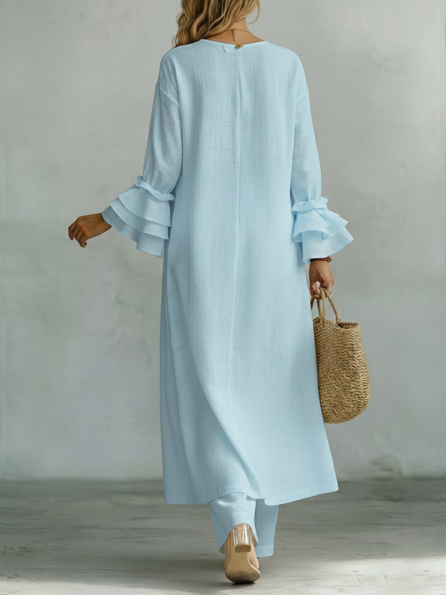 Casual Linen And Cotton Top And Pants Two-piece Set