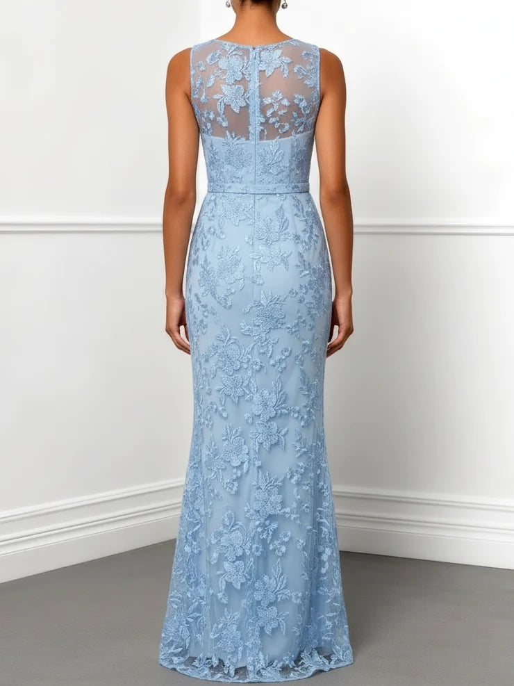 Light Blue Lace Boat Neck Sleeveless Mermaid Floor-length Gown Dress