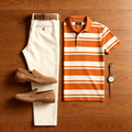 Men's Casual Orange Striped Polo Shirt And Off-white Pants Two-Piece Set