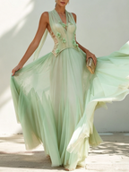 Green Chiffon V Neck Sleeveless A-Line Floor-length Gown Dress