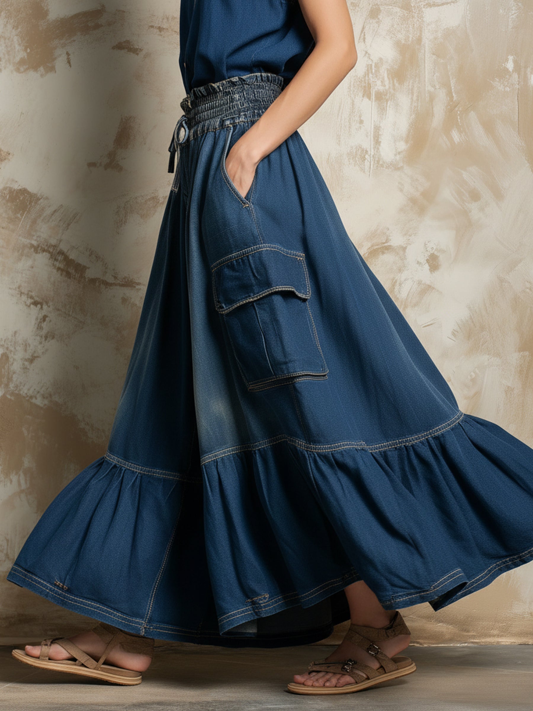 Vintage Washed Denim Cargo Cropped Wide-Leg Pants