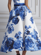 Sleeveless Open-Shoulder Blue Floral Print A-Line Midi Dress