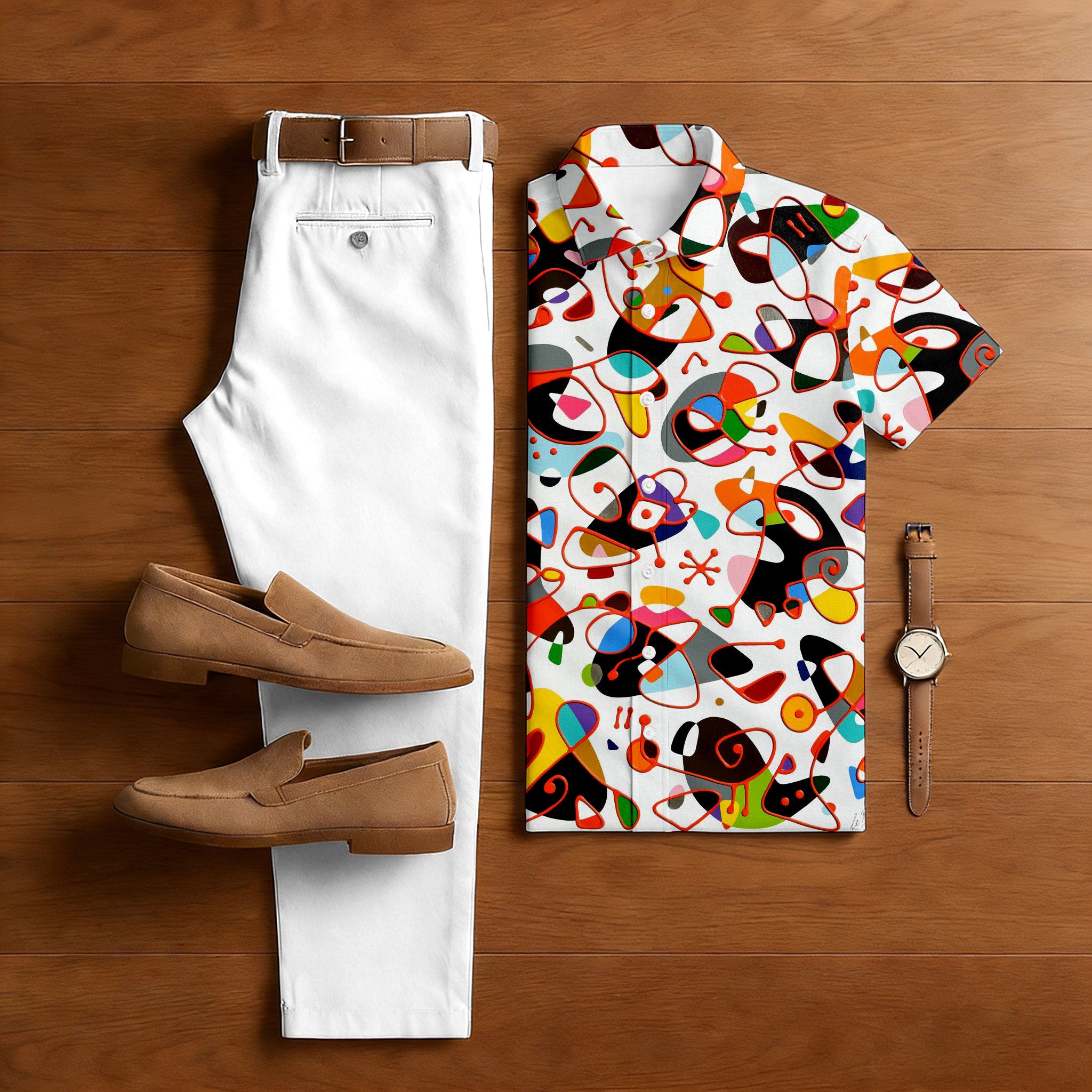 Men's Casual White Graffiti Printed Polo Shirt And Trousers Two-Piece Set