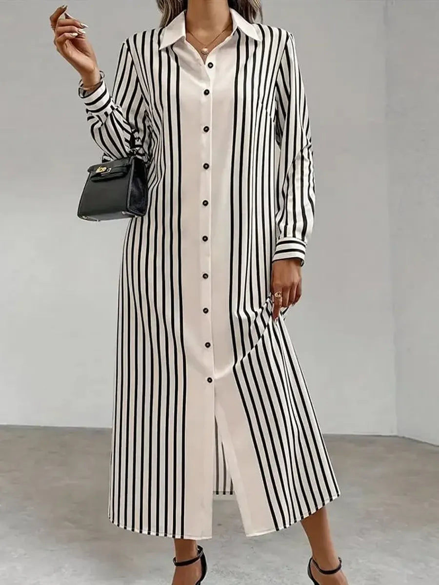 Women's Striped Art Lapel Casual Long Sleeve Cotton Shirt Dress