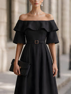 Off-Shoulder Belted Ruffle Sleeve A-Line Midi Dress