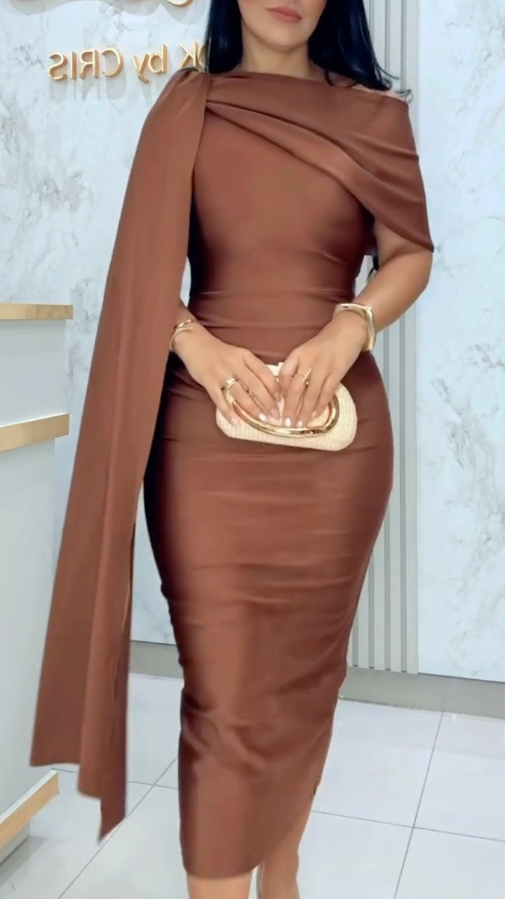 Off-the-Shoulder Draped Midi Dress