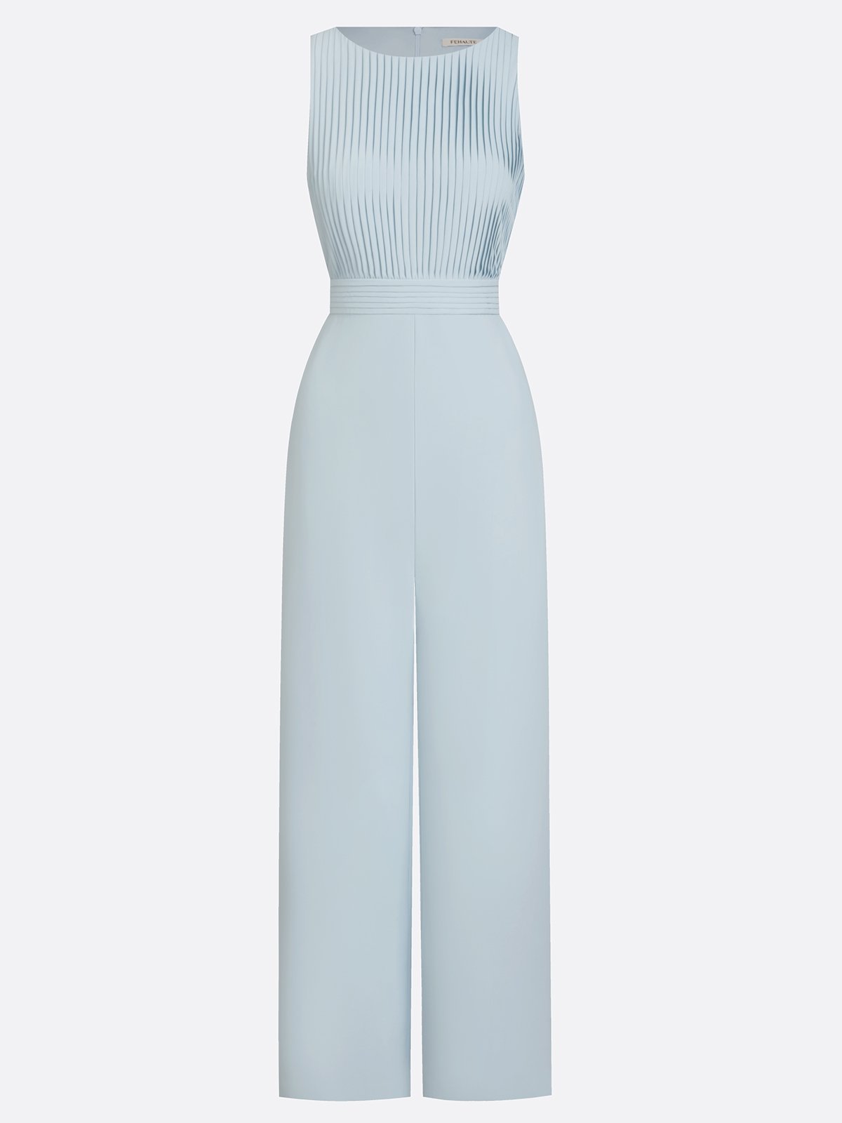 Women Light Blue Pleated Boat Neck Sleeveless Dressy Jumpsuit