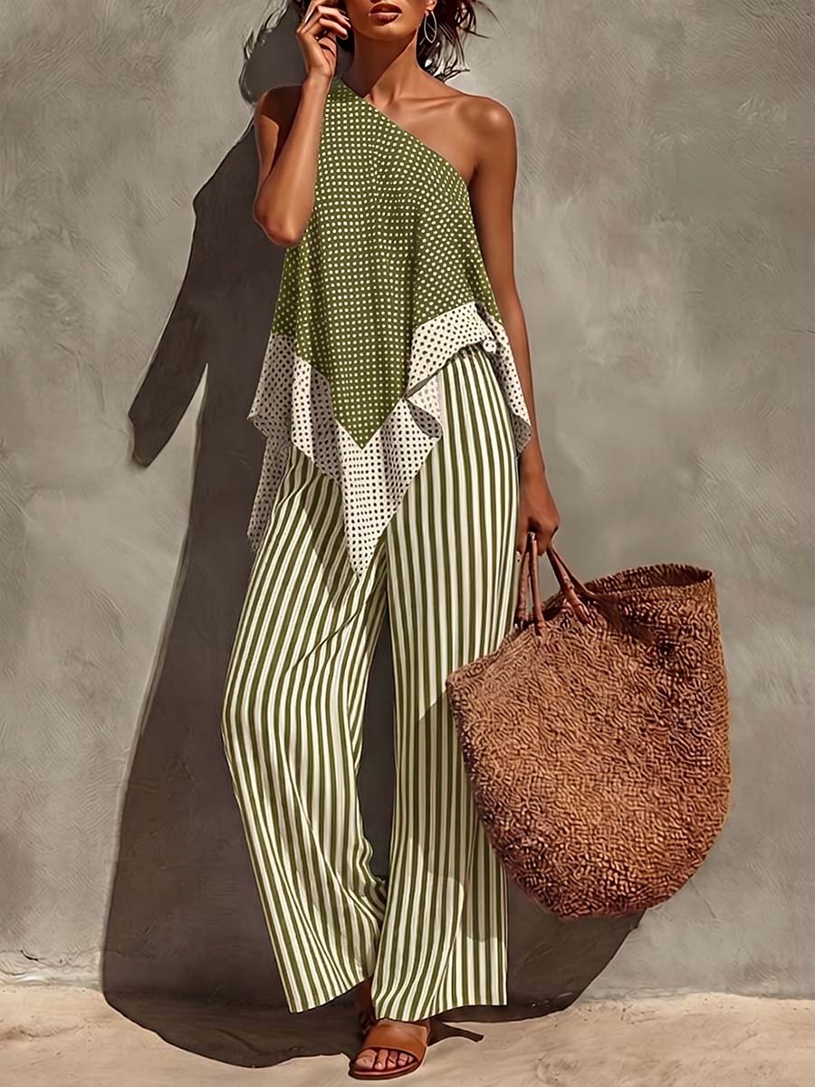 Women's Casual Cotton-linen Set: Off-shoulder Sleeveless Loose-fit Polka-dot Top & High-waisted Striped Wide-leg Pants