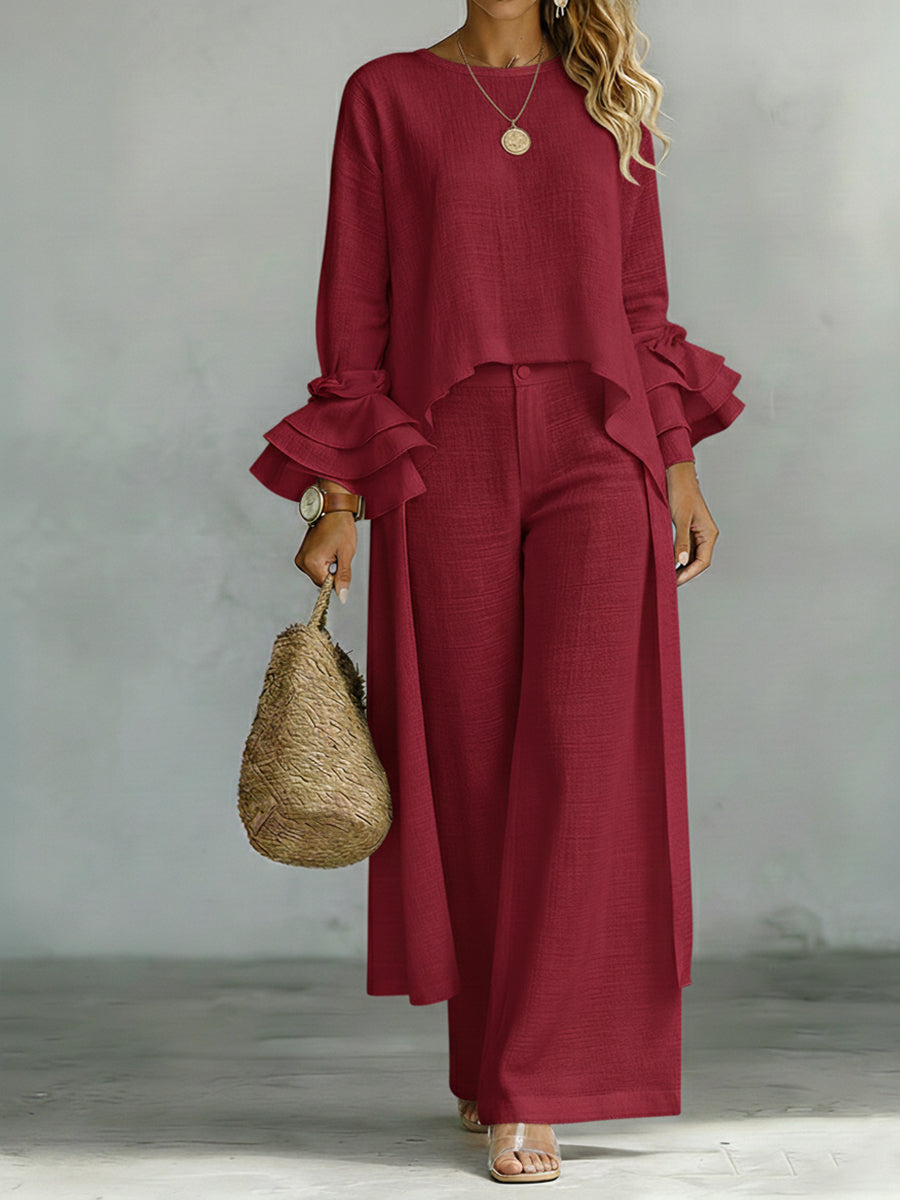 Casual Linen And Cotton Top And Pants Two-piece Set