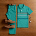 Men's Casual Green Color Matching Striped Printed Short Sleeved Polo Shirt & Trousers Two-Piece Set
