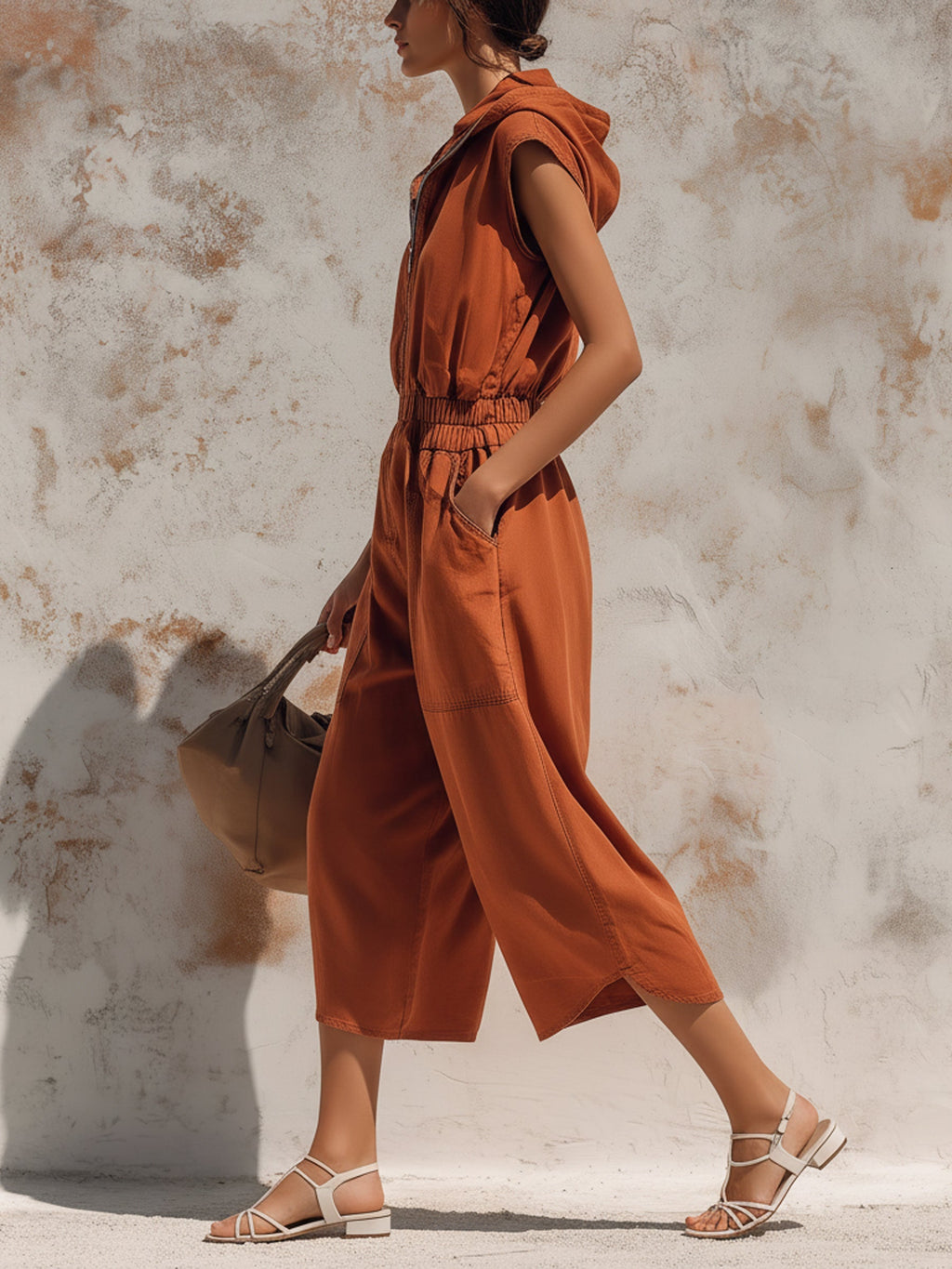 Hooded Sleeveless Utility Knee-Length Jumpsuit