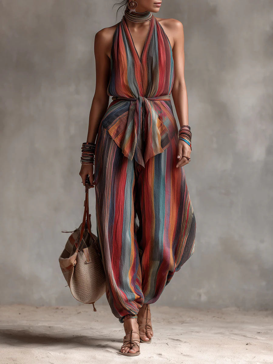 Women's Bohemian Halter Neck Striped Jumpsuit