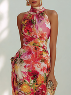 Red Floral Chiffon Halter Sleeveless Maxi Dress