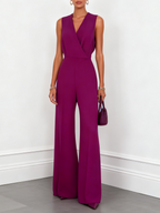 Women Purple V Neck Sleeveless Dressy Jumpsuit