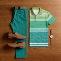 Men's Casual Green Color Matching Gradient Striped Printed Short Sleeved Polo Shirt & Trousers Two-Piece Set