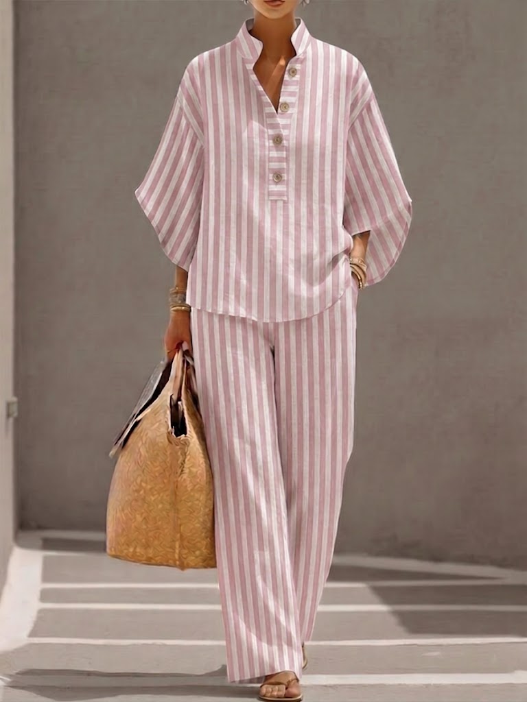 Loose-fit Casual Striped Linen And Cotton Top And Pants Two-piece Set