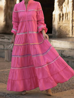 Women's Patchwork Colorful Woven Ribbon 100% Cotton Maxi Dress