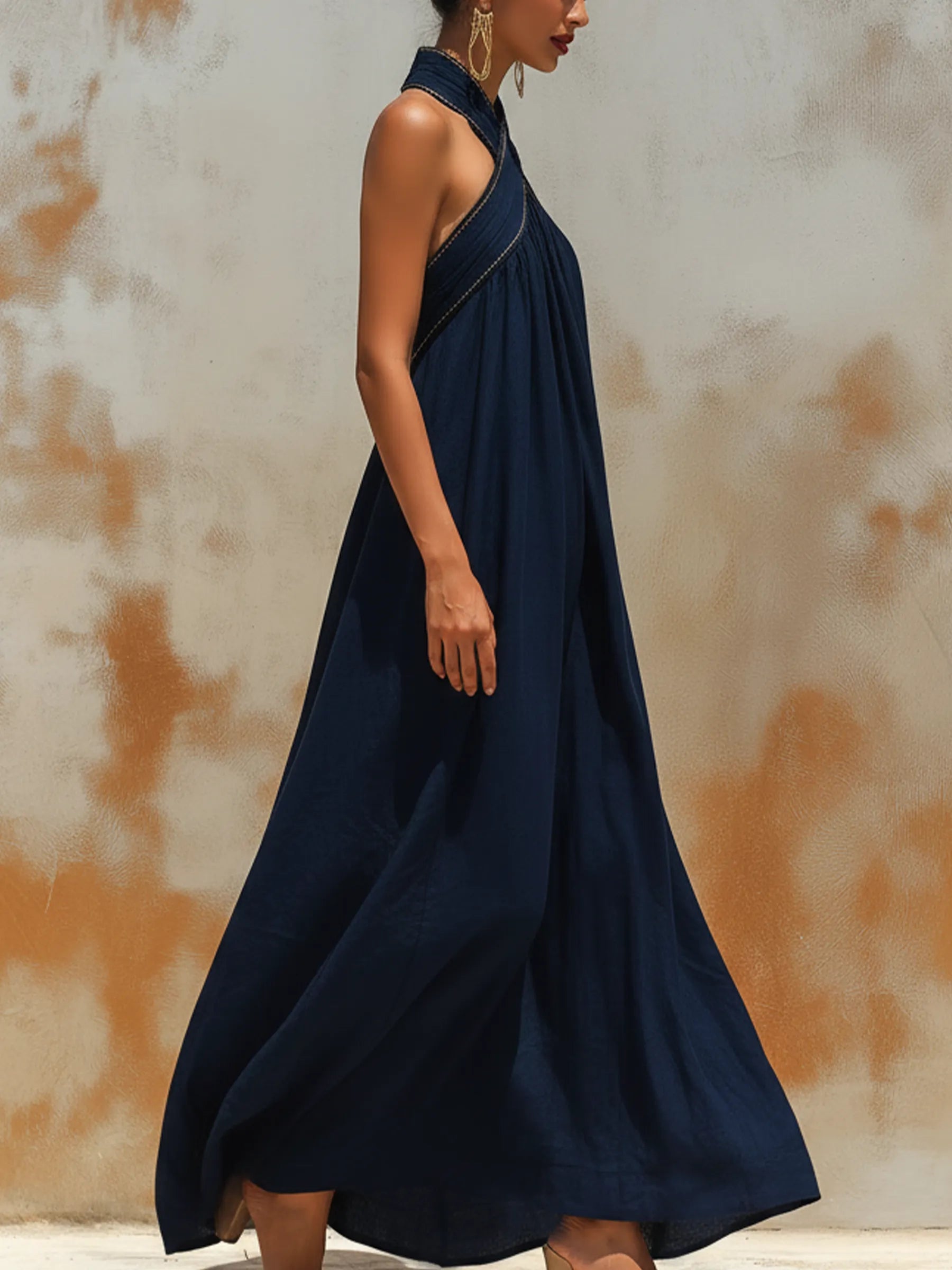 Navy Tencel Denim Halter Neck Maxi Dress