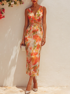 Orange Floral Chiffon V Neck Sleeveless Sheath Midi Dress