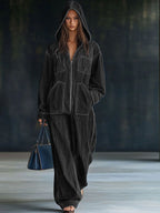 Casual Loose Retro Pocket Long Sleeve Hooded Zipper Denim Jumpsuit