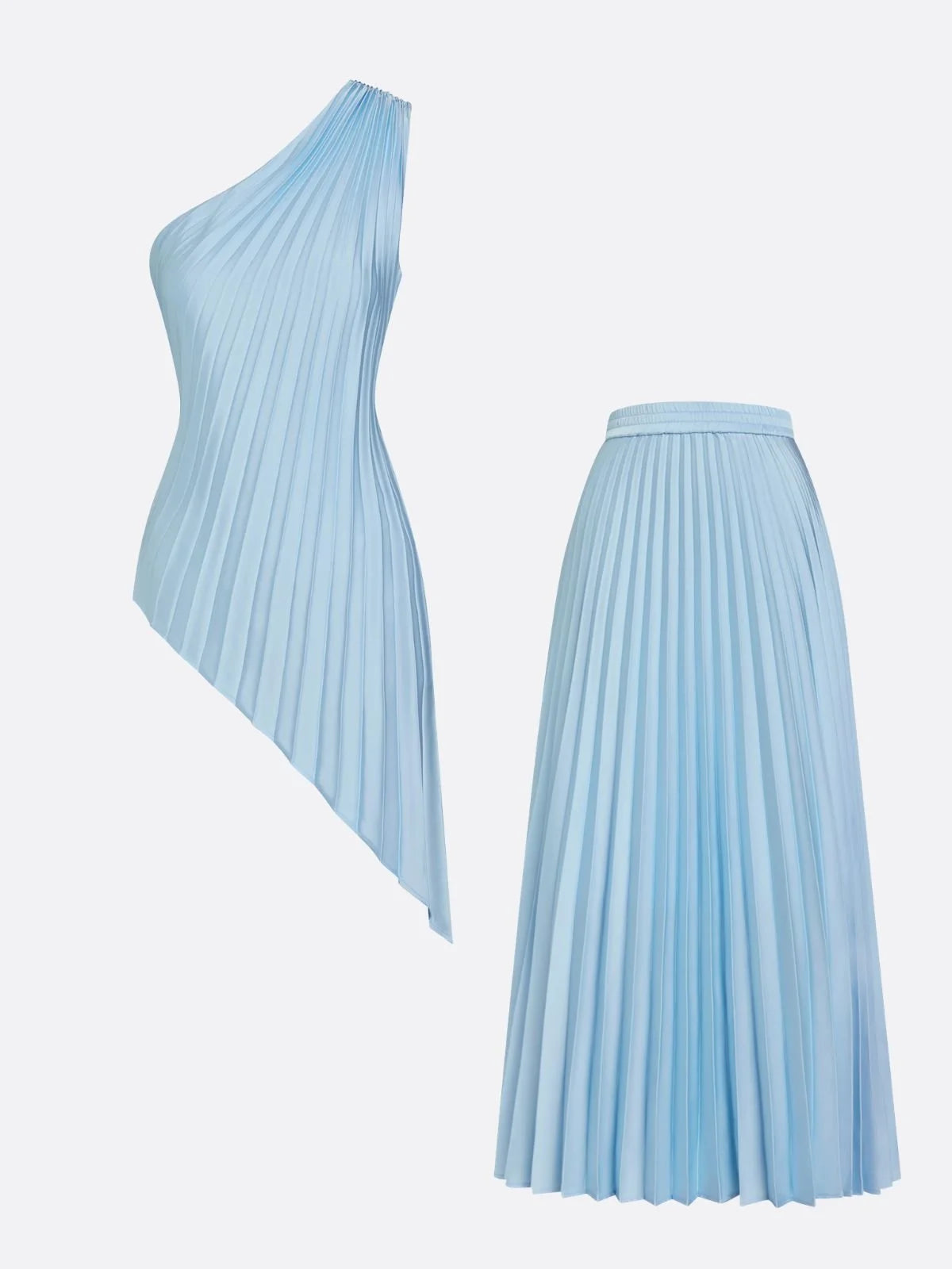 Women Light Blue Pleated One Shoulder Sleeveless Dressy Top With Skirt Two-Piece Set