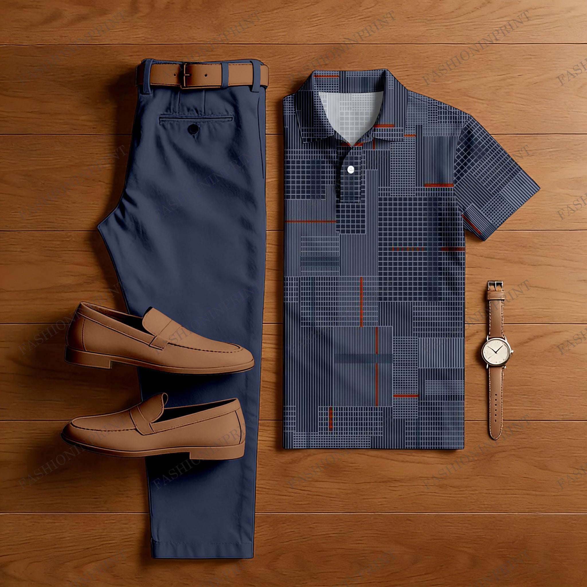 Men's Casual Navy Blue Color Matching Checkered Printed Short Sleeved Polo Shirt & Trousers Two-Piece Set