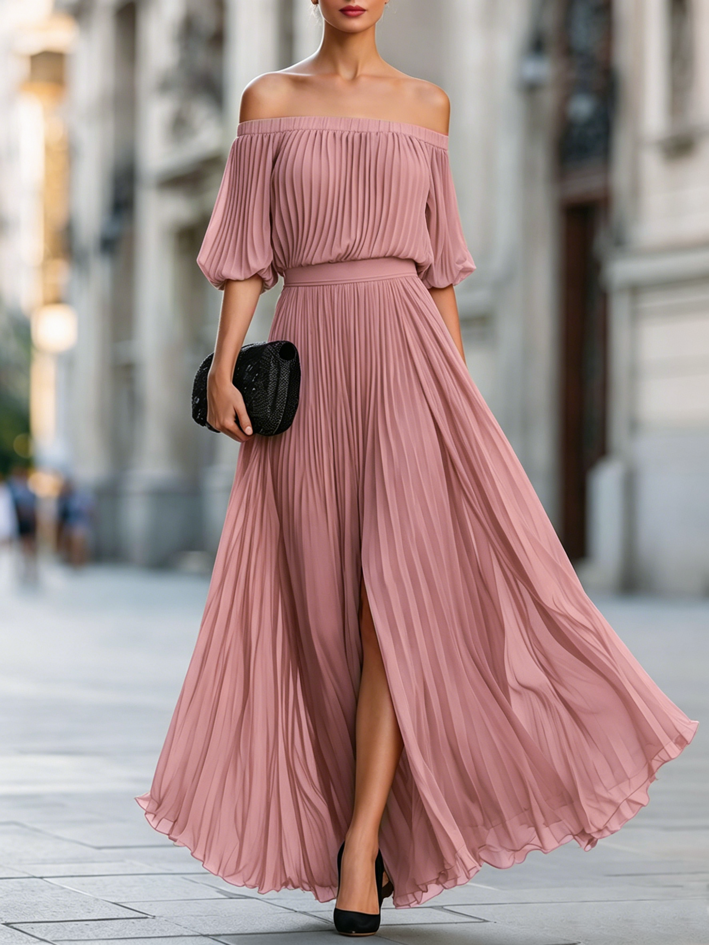 Off-Shoulder Pleated Chiffon Maxi Dress