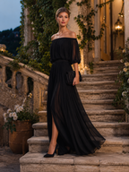 Off-Shoulder Pleated Chiffon Maxi Dress