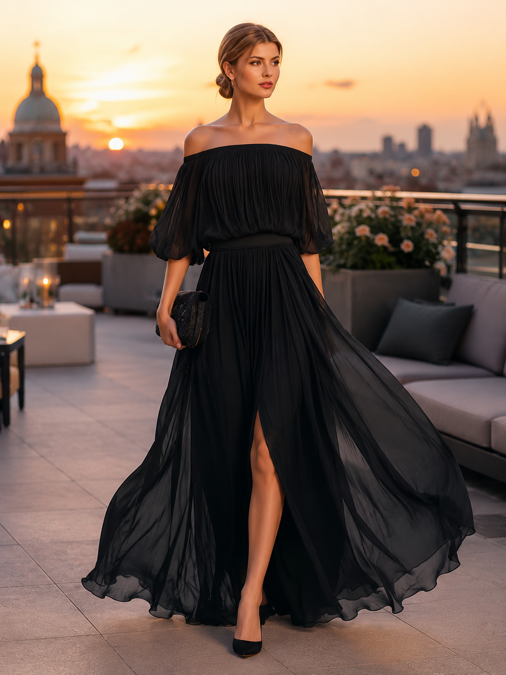 Off-Shoulder Pleated Chiffon Maxi Dress