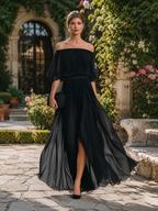 Off-Shoulder Pleated Chiffon Maxi Dress
