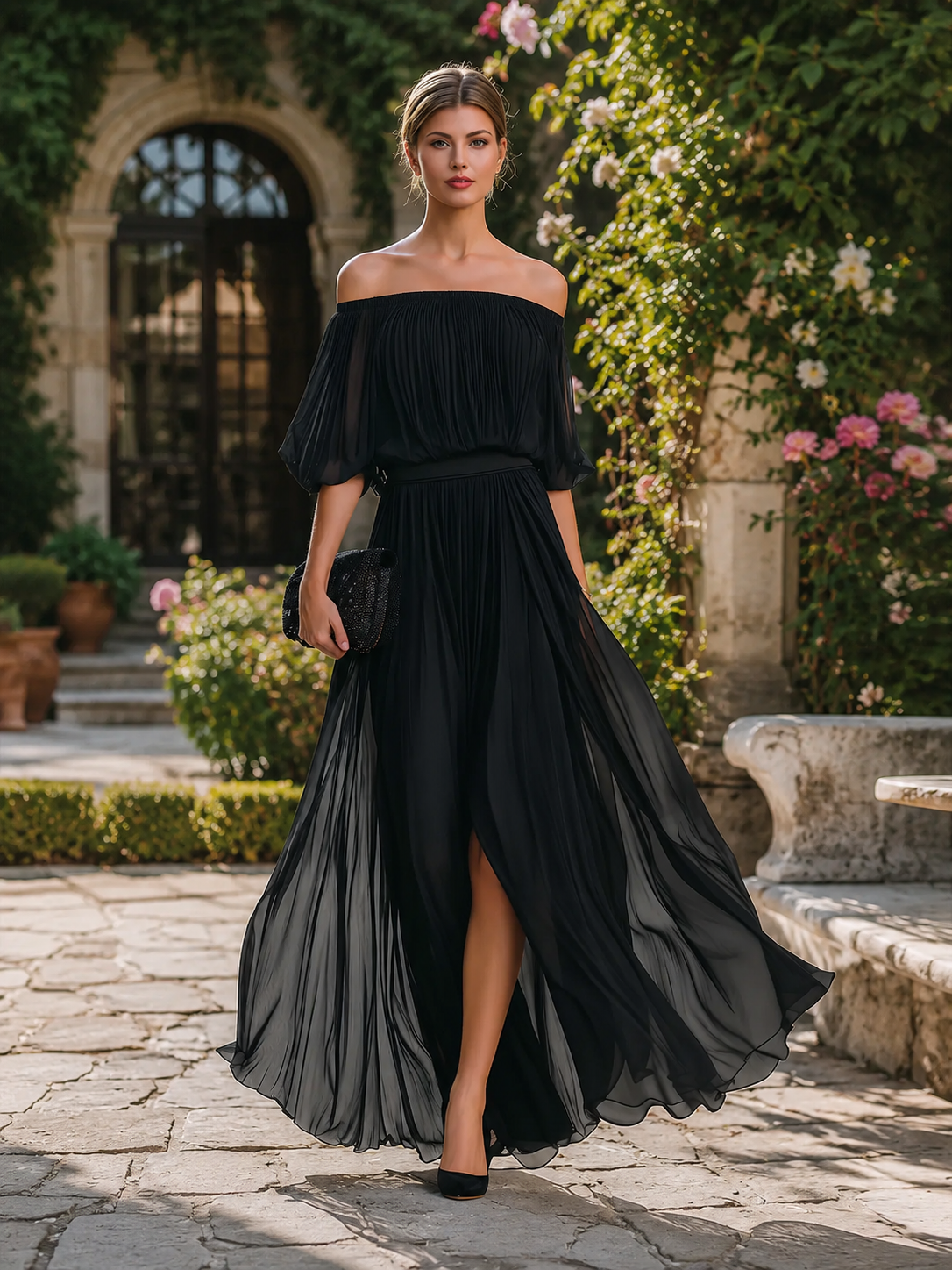Off-Shoulder Pleated Chiffon Maxi Dress