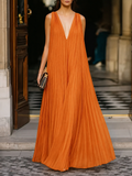 Deep V-Neck Pleated Flowing Maxi Dress