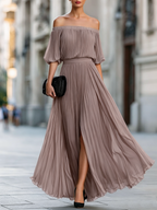 Off-Shoulder Pleated Chiffon Maxi Dress