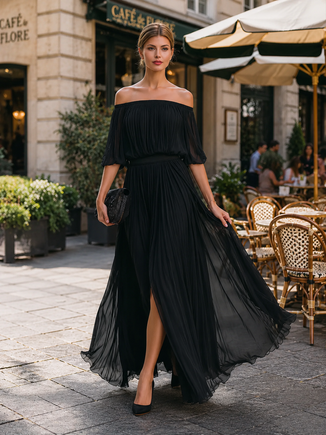 Off-Shoulder Pleated Chiffon Maxi Dress